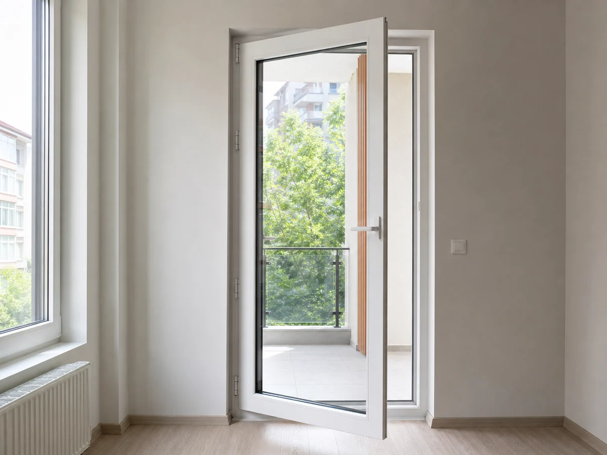 Yeni monte edilmiş beyaz pimapen balkon kapısı